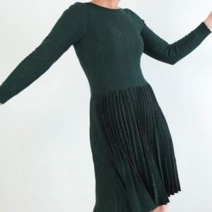 Knit green and gold vintage dress with pleated skirt